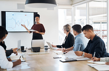 Image showing Statistics, presentation and a black woman in a financial meeting, teaching and speaking in a seminar. Planning, strategy and an African boss talking about finance data with business people at work