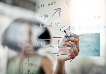 Image showing Glass wall, hands and business woman writing, strategy or planning in office. Brainstorming, board and female person write ideas, working on project and schedule, mindmap or information in workplace.