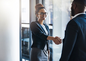 Image showing Hand shake, man and woman in hallway for welcome, b2b collaboration and business meeting with respect. Businessman, partnership and shaking hands for human resources, hiring and smile in workplace