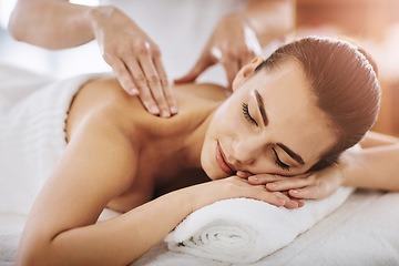 Image showing Relax, calm and massage with woman in spa for wellness, luxury and cosmetics treatment. Skincare, peace and zen with female customer and hands of therapist for physical therapy, salon and detox