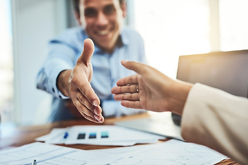 Image showing Business people, handshake and meeting for partnership, b2b or deal agreement at the office. Businessman shaking hands in greeting, welcome or hiring in recruitment, teamwork or growth at workplace