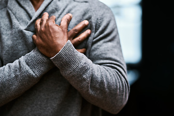 Image showing Hands on chest, heart attack and sick black man with medical emergency on mockup. Pain, cardiology and senior male person with cardiac arrest, heartburn or stroke, breathing problem and health risk.