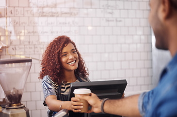 Image showing Happy woman, waitress and serving coffee cup to customer in cafeteria, restaurant shop and small business. Female barista, server and giving cappuccino drinks order with smile for friendly service