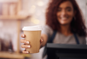 Image showing Closeup of woman, waitress and service of coffee cup in cafeteria, restaurant shop and food industry. Hands of barista, server and giving cappuccino, latte and espresso order for catering of drinks