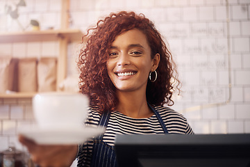 Image showing Portrait of happy woman, waitress and cup of coffee in cafe, restaurant and food service industry. Face, barista, and female worker giving beverage of tea, catering drinks and smile in small business