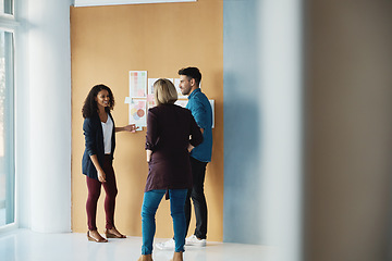 Image showing Presentation wall, CEO and people explaining creative design ideas, professional plan or project report to manager. Group collaboration, brainstorming team and business designer with proposal idea