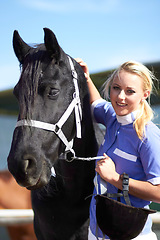 Image showing Happy, sports and portrait of woman and horse for equestrian, competition and celebration. Happiness, smile and animal show with female jockey and stallion for achievement, performance and training