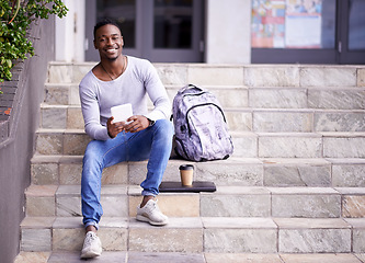 Image showing Relax, college and tablet with portrait of black man for learning, education or research. Smile, social media and technology with male student on stairs of university campus for app, digital or study