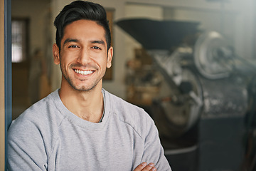 Image showing Portrait, happy and a man coffee shop owner standing in the entrance to his cafe for service or retail. Face, smile or mockup with a handsome young male entrepreneur working in his startup restaurant