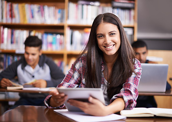 Image showing University, tablet and portrait of woman in library for online research, studying and learning. Education, academy and happy female student on digital tech for knowledge, internet and website course