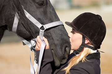 Image showing Horse kiss, trainer and woman on equestrian training and competition ground with a pet. Outdoor, female and show horses stable with girl and animal before riding with helmet showing love and care