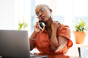 Image showing Phone call, stress and business black woman with laptop for error, mistake and network problem. Corporate office, communication and female worker with burnout, neck pain and confused in conversation