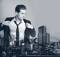 Image showing Business man, double exposure and skyline for suit style employee with mock up. Male worker, prepare and urban cityscape with downtown overlay on corporate businessman in black and white art effect