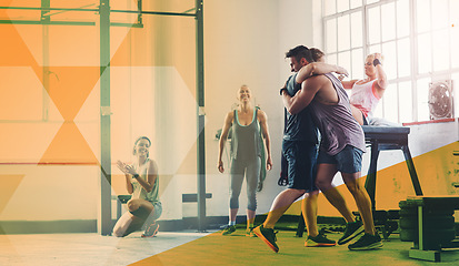 Image showing Gym, fitness and hug to celebrate success with exercise, workout and training goals or win. Sports men and women happy for power challenge, support or achievement at wellness club with mockup overlay