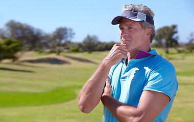 Image showing Man, thinking and strategy for golf on grass with vision, ideas and outdoor for sports, exercise or contest. Senior male golfer, decision and planning for game, competition or workout with sport