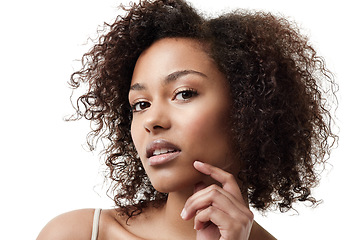 Image showing Skincare, face and portrait of African woman on white background with cosmetics, glowing skin and glamour. Natural makeup, beauty mockup and beautiful, attractive and confident female model in studio