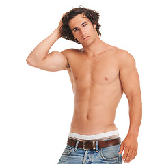 Image showing Sexy, jeans and shirtless with portrait of man for fashion, fitness and casual style. Health, body and muscle with male model isolated on white background for strong, diet and training mockup