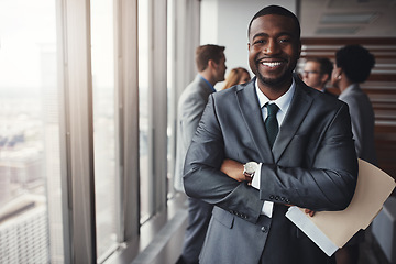 Image showing Professional black man in business, smile in portrait and leadership, corporate lawyer in meeting. Businessman in conference room, happy male person with collaboration in company and management