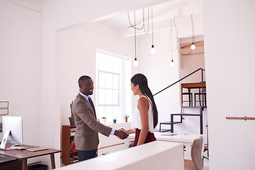 Image showing Happy black man, business people and handshake for teamwork, trust and thank you in office. Employees shaking hands for partnership, collaboration and support of b2b networking, welcome and agreement