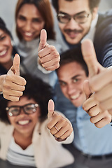 Image showing Business people, hands and thumbs up above for winning, success or teamwork at the office. Top view of employee group showing hand or thumb emoji, yes sign or like in team win, victory or good job