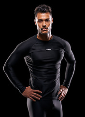 Image showing Portrait, fitness and man with exercise, workout and confident guy on a dark studio background. Face, male athlete or model with wellness, balance and training with goals, target or healthy lifestyle