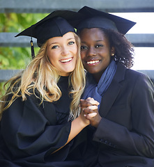 Image showing Portrait, graduation and women university friends holding hands on campus together as graduate students. Happy, smile and education with a female college student and her friend celebrating graduating