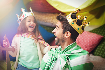 Image showing Fantasy, child dress up and dad with princess fun in a bedroom fort with costume, girl and papa together. Play castle, happiness and smile with father and child in home laughing and happy about game