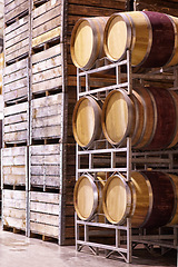 Image showing Wine, storage and oak barrels in a cellar for the production, manufacturing or fermentation of alcohol. Stock, wood container and industry with beverage produce in a warehouse, plant or factory