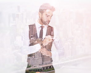 Image showing Business man, city and double exposure, confident with professional mindset and abstract. Urban overlay with cityscape, corporate male person and career, mockup space with ambition and vision