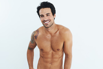 Image showing Portrait, fitness and man with body, muscle and abdomen against a white studio background. Male person, happy model and guy with abs, mockup and shirtless with workout goal, happiness and wellness