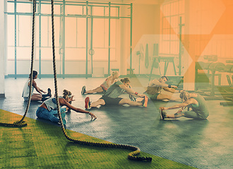 Image showing Gym, fitness and group stretching for exercise, workout and training in class. Athlete men and women together on ground for power challenge, warm up and strong muscle at health club with a overlay