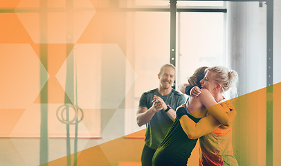 Image showing Hug, gym and women celebrate success for exercise, workout and training goals or win. Athlete group happy about power challenge, support or achievement at health and wellness club with mockup overlay