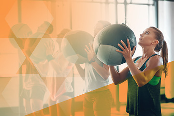 Image showing Gym, fitness and woman throw medicine ball for exercise, workout and training in class. Athlete people together for power challenge, commitment and strong muscle at health club with a mockup overlay