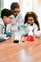 Image showing Children, science teacher and experiment with beaker for learning, education and knowledge in school classroom. Chemistry educator, students and kids studying chemical results, project and fun test