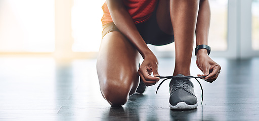 Image showing Shoes, fitness and woman tying laces to start exercise, workout or wellness sport in a gym for health performance. Sneakers, banner and hands of a healthy person or runner ready for training