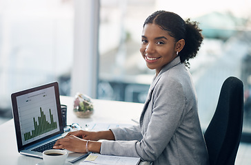 Image showing Data, laptop and portrait of accountant woman working on financial strategy as growth at startup company with smile. Happy, computer and African financial advisor excited for progress on graph report