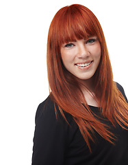 Image showing Woman, smile portrait and ginger hair care with happiness and red haircut in studio. White background, confidence and female person with happy face and cosmetics with hairstylist treatment alone