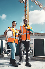 Image showing Portrait, engineer team and happy black people at construction site with coffee. Teamwork, architecture and smile of African man and woman with tea, collaboration and building with mockup space.