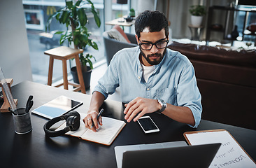 Image showing Laptop, remote work and man doing research while working on a creative freelance project at his home. Technology, reading and male freelancer planning a business strategy on computer in living room.