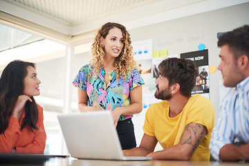 Image showing Meeting, leader and business people with laptop in office for creative, thinking or brainstorming solution. Team, collaboration and woman online for presentation, proposal or idea for email marketing