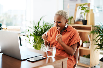 Image showing Business, achievement and black woman with success, goals and happiness with email, new project and cheering. Female employee, consultant and entrepreneur with good news, target and deal with growth