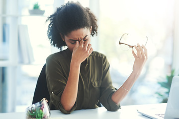 Image showing Frustrated, headache and business woman in office with problem, mistake and working on deadline. Burnout, anxiety and African female worker with stress, fatigue and migraine thinking of solution