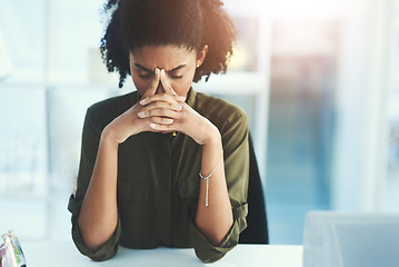 Image showing Headache, frustrated and business woman in office with problem, mistake and working on deadline. Burnout, anxiety and African female worker with worry, stressed out and migraine thinking of solution