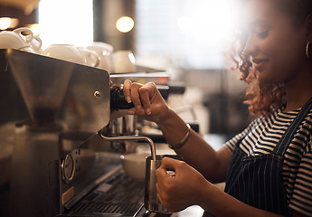 Image showing Coffee machine, woman and barista steam milk in cafeteria for latte, espresso and drink appliance for catering. Waitress heating jug for hot beverage, caffeine process and restaurant service industry