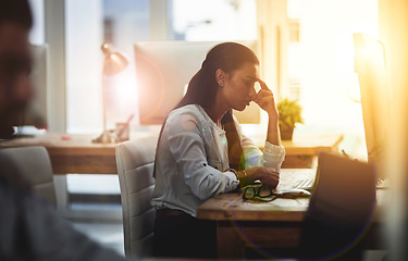 Image showing Depression, burnout or business woman with headache in office with fatigue, anxiety or stress. Depressed employee, sad female consultant or tired person frustrated with migraine pain in workplace