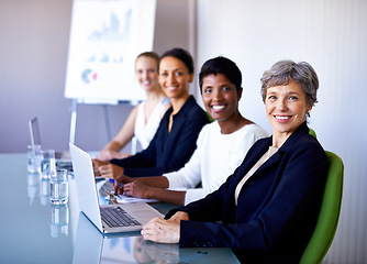 Image showing Diversity in team, women empowerment portrait of business people happy and in office at building. Collaboration or teamwork, in workshop and coworkers in corporate with in modern conference room.