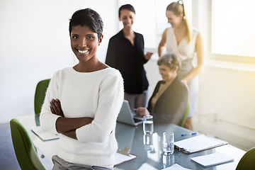 Image showing Confidence, leader and portrait of a woman in a business meeting in a modern corporate office. Happy, success and professional Indian female manager standing with crossed arms in workplace boardroom