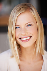 Image showing Smile, beauty and face portrait of a woman with natural makeup, cosmetics and glow on skin. Female model person from Canada with happiness, positive mindset and confidence for skincare headshot