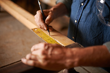 Image showing Carpentry, measurement and man hands with pencil, ruler and designer furniture manufacturing workshop. Creativity, small business and professional carpenter planning sustainable wood project design.