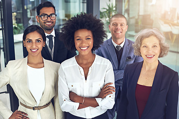 Image showing Portrait, happy business people and diversity of teamwork, global collaboration and corporate confidence in office. Group, professional employees and smile for trust, pride and solidarity in company